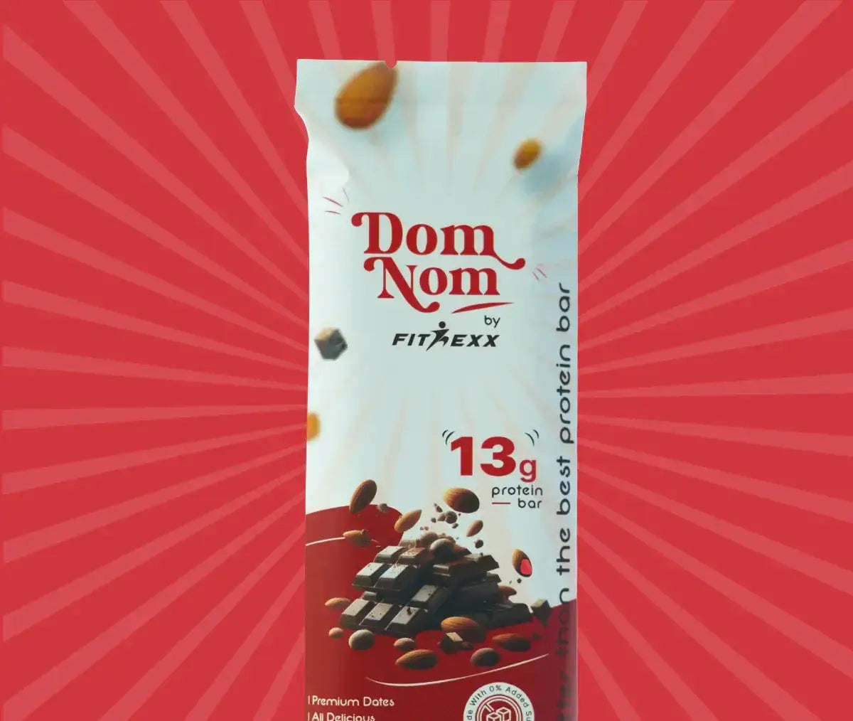 Dom Nom Cocoa Almond Protein Bar - A delicious and nutritious protein bar with 13g protein, natural sugar, and no chalky taste. Made with 0% added sugar, featuring a clean label for a guilt-free snack. Hand holding the vibrant pink packaging against a berry-themed background