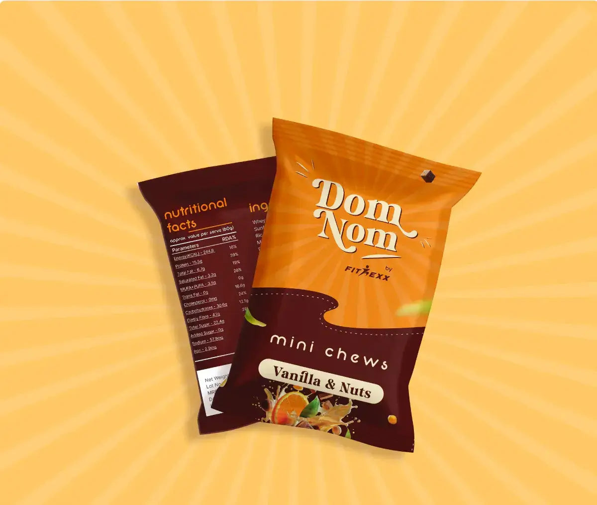 Dom Nom Mini Chews Vanilla & Nuts Protein Snack Pack with Nutritional Facts on Yellow Background