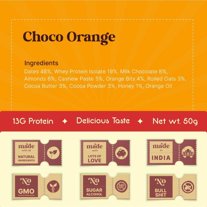 Dom Nom Choco Orange Protein Bar - A delicious and nutritious protein bar with 13g protein, natural sugar, and no chalky taste. Made with 0% added sugar, featuring a clean label for a guilt-free snack. Hand holding the vibrant pink packaging against a berry-themed background