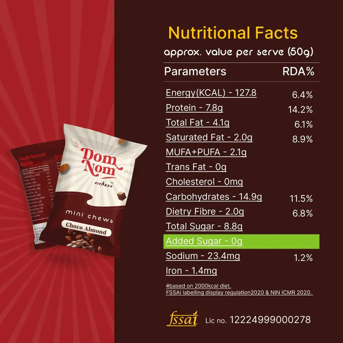"Dom Nom Choco Almond Mini Chews packaging with a red background, featuring a chocolate and almond-themed design, nutritional facts on the back, and branding by FitNexx
