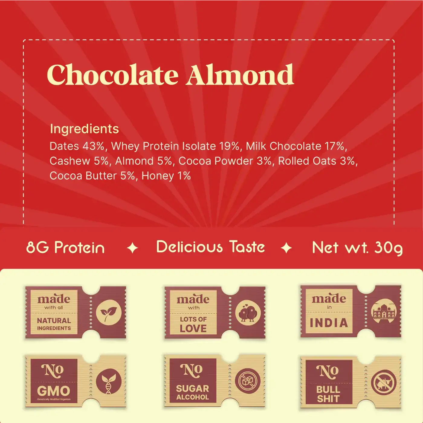 "Dom Nom Choco Almond Mini Chews packaging with a red background, featuring a chocolate and almond-themed design, nutritional facts on the back, and branding by FitNexx