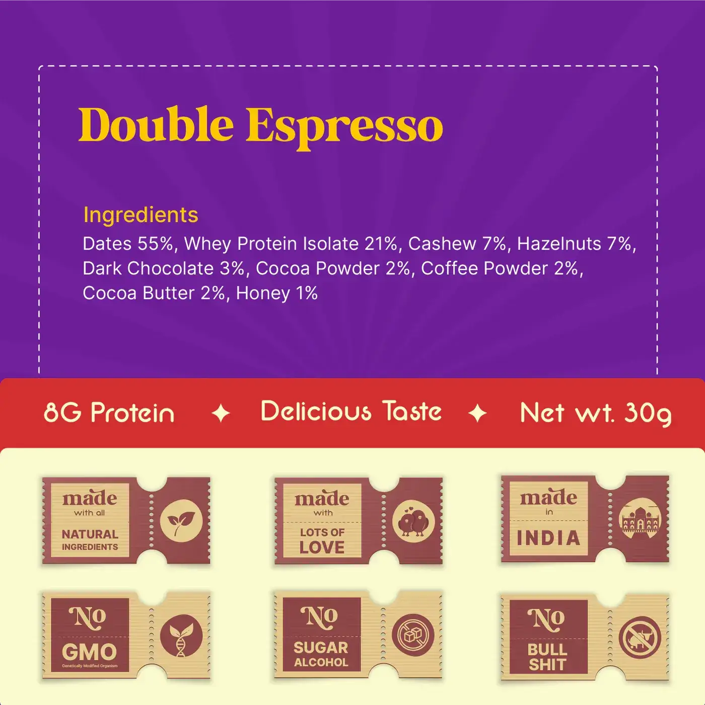 Dom Nom Mini Chews Double Espresso flavor packaging, featuring a rich purple design with coffee beans and a splash of espresso. Nutritional facts visible on the back of the pack.