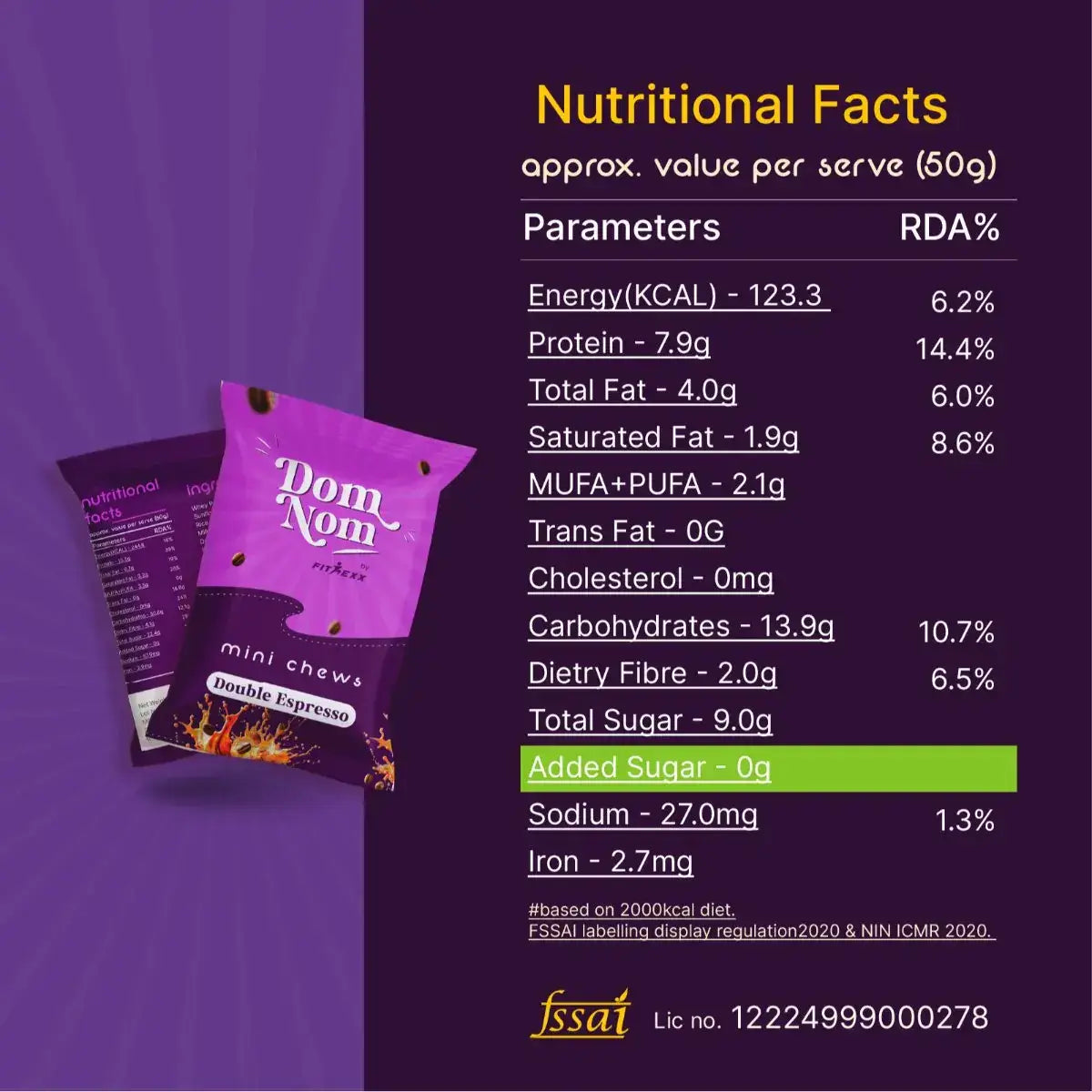Dom Nom Mini Chews Double Espresso flavor packaging, featuring a rich purple design with coffee beans and a splash of espresso. Nutritional facts visible on the back of the pack.