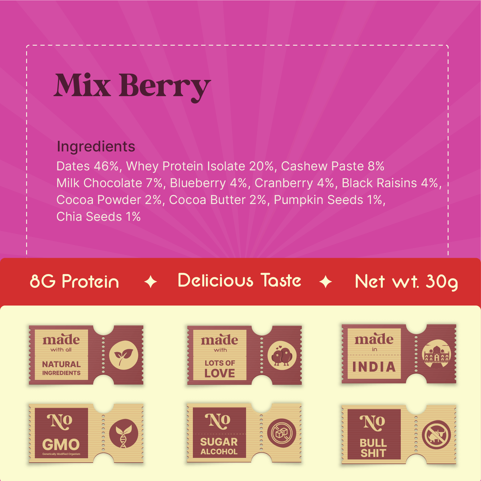 Berry Bliss Protein Bar: "Dom Nom Fitexx Mix Berry Protein Bar – 13g protein, no chalky taste, natural sugar, and clean label. Healthy and delicious snack option.