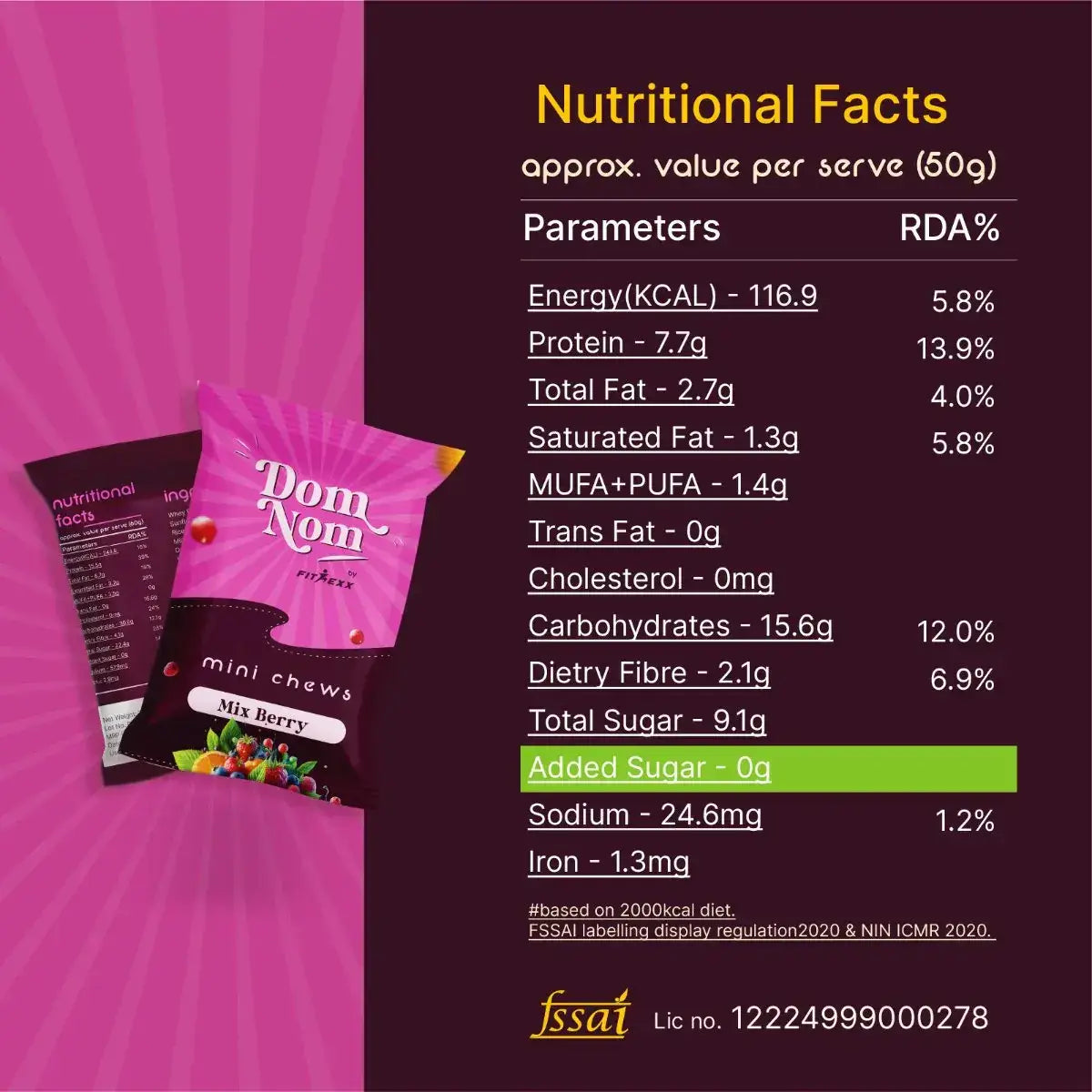 Berry Bliss Protein Bar: "Dom Nom Fitexx Mix Berry Protein Bar – 13g protein, no chalky taste, natural sugar, and clean label. Healthy and delicious snack option.