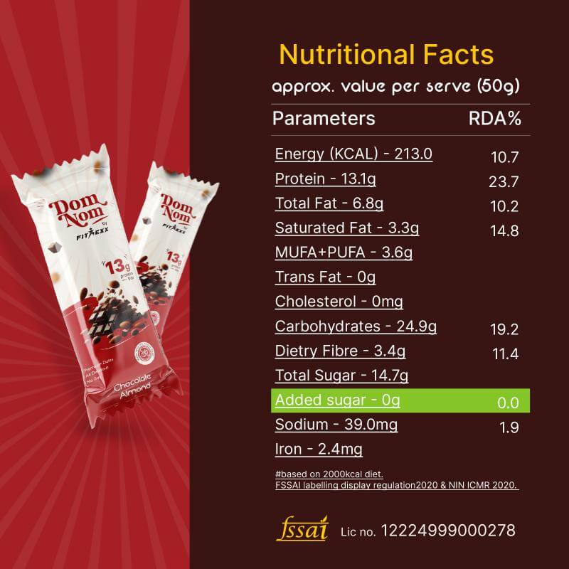 Dom Nom Cocoa Almond Protein Bar - A delicious and nutritious protein bar with 13g protein, natural sugar, and no chalky taste. Made with 0% added sugar, featuring a clean label for a guilt-free snack. Hand holding the vibrant pink packaging against a berry-themed background