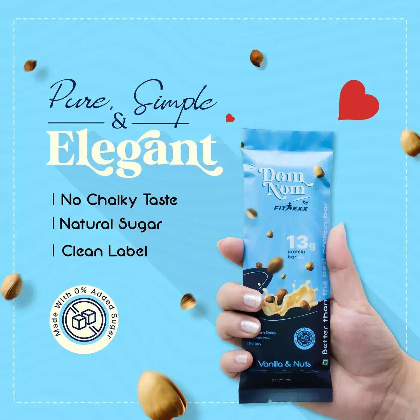 Dom Nom protein bar by Fitnexx in blue packaging, featuring 13g protein, premium dates, and a nutty milk splash design