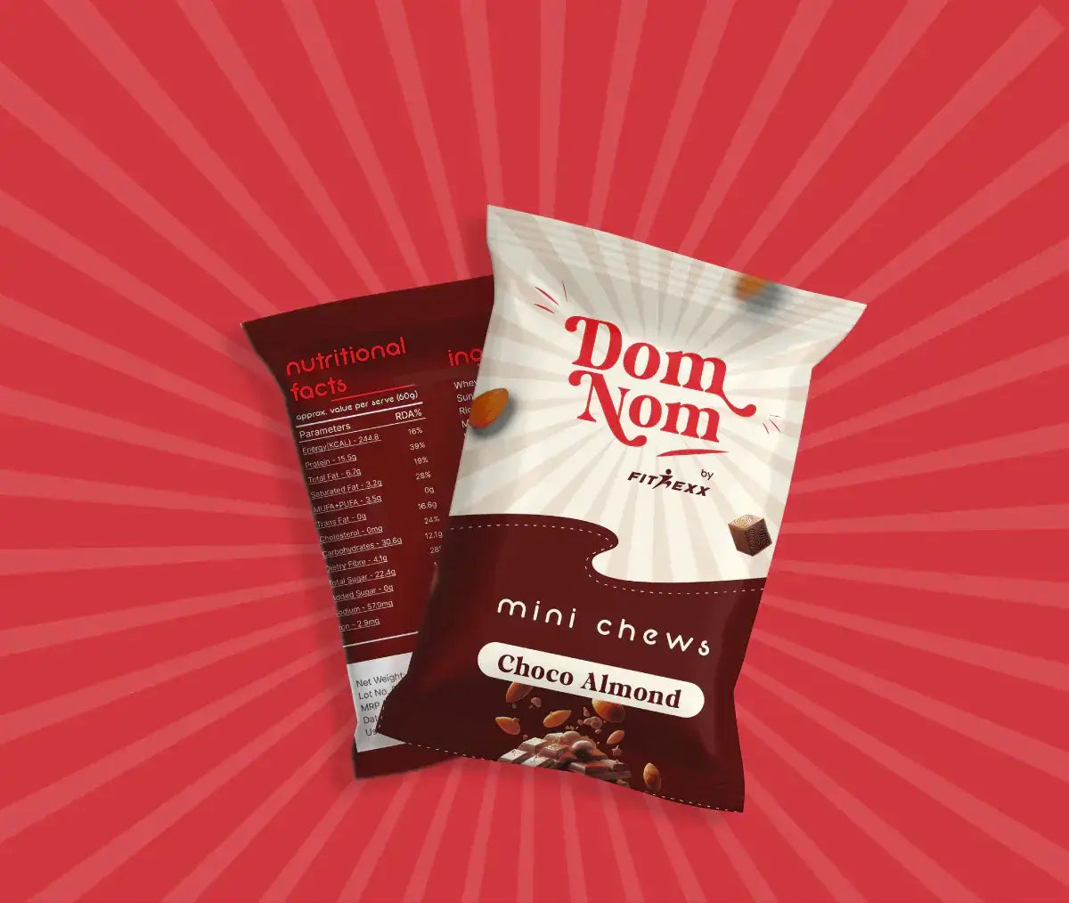 Dom Nom Choco Almond Mini Chews packaging with a red background, featuring a chocolate and almond-themed design, nutritional facts on the back, and branding by FitNexx