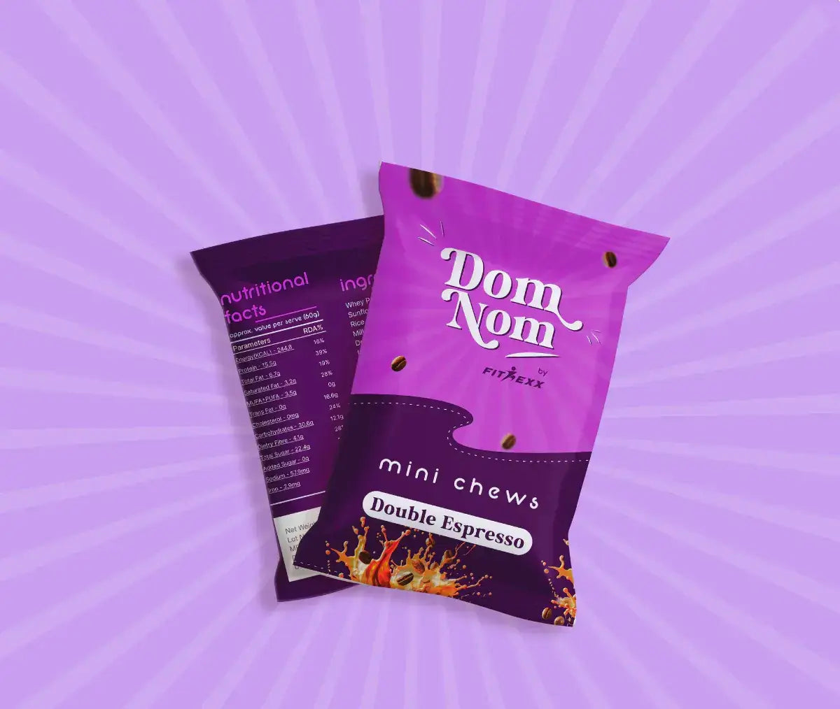 Dom Nom Mini Chews Double Espresso flavor packaging, featuring a rich purple design with coffee beans and a splash of espresso. Nutritional facts visible on the back of the pack.