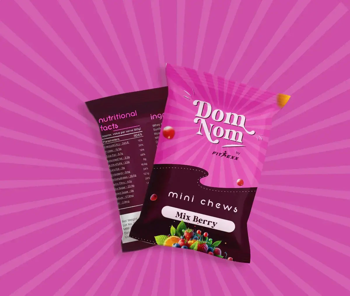 Berry Bliss Protein Bar: "Dom Nom Fitexx Mix Berry Protein Bar – 13g protein, no chalky taste, natural sugar, and clean label. Healthy and delicious snack option.